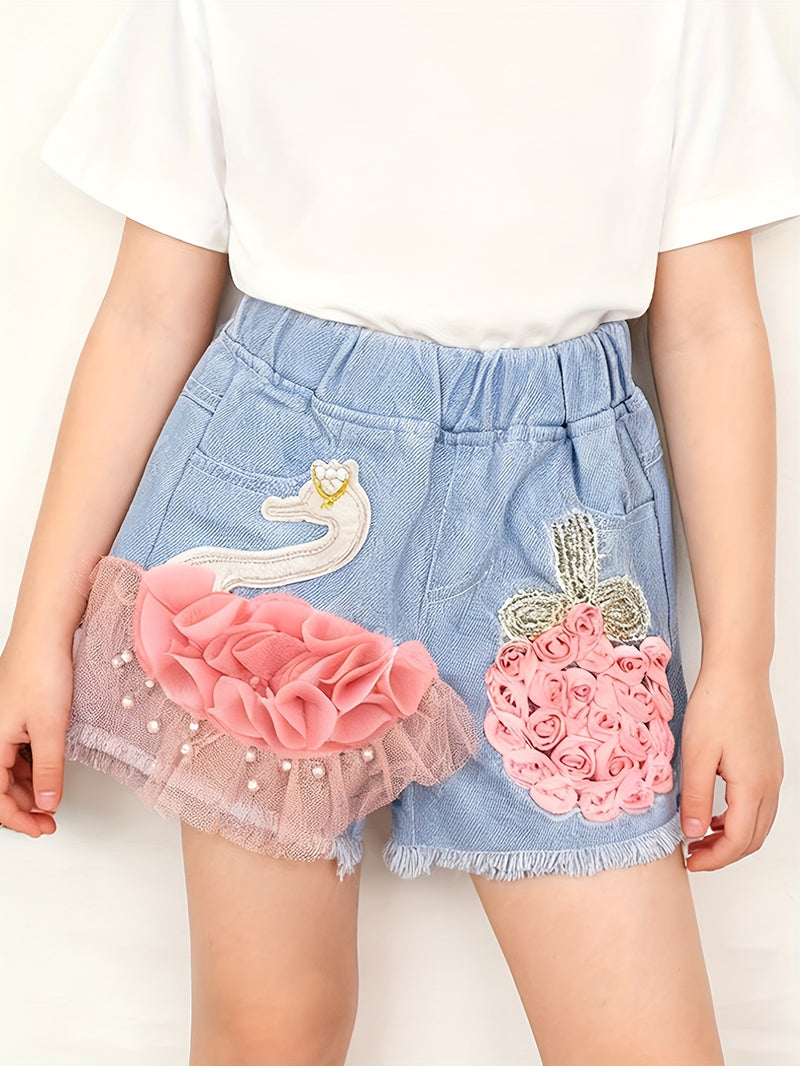 New Girls' Embroidered Swan Denim Shorts, Versatile Outerwear Pants for Girls.