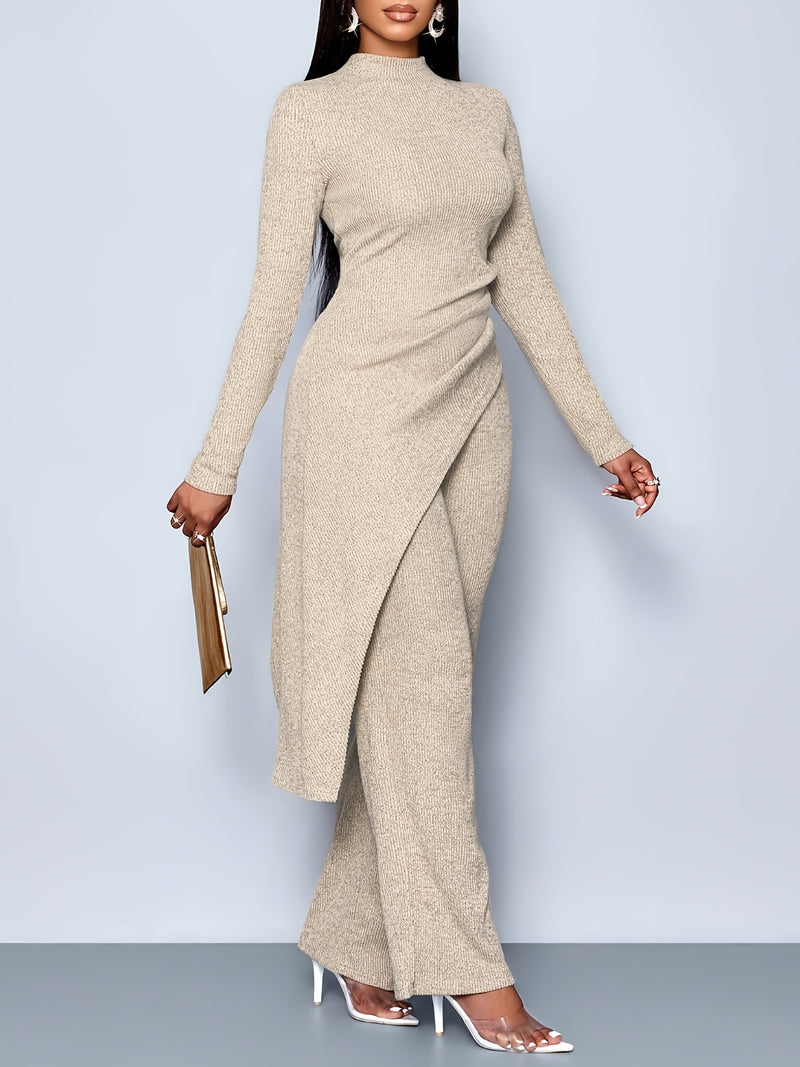 Women's Elegant Solid Color Fleece Ribbed Asymmetric Hem Top Paired with Flared Pants.