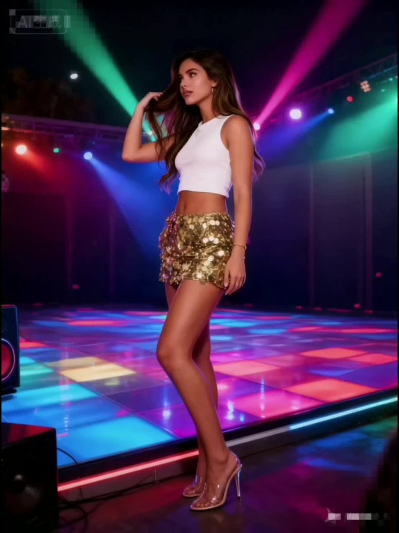 Golden Sequin Mini Skirt, Fitted And, Perfect for Party Wear for Women.