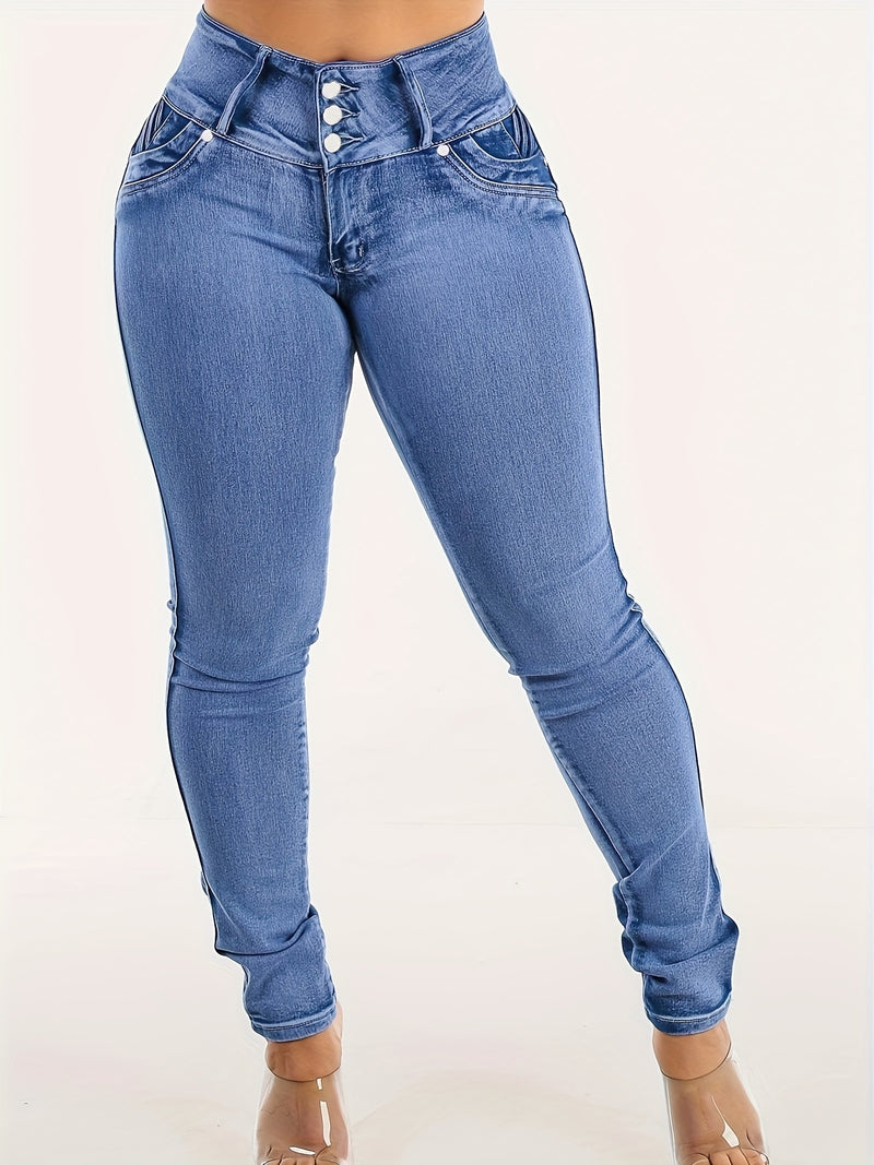 Women's Stretch Jeans - High-Waisted Skinny Pants with Zipper Closure.