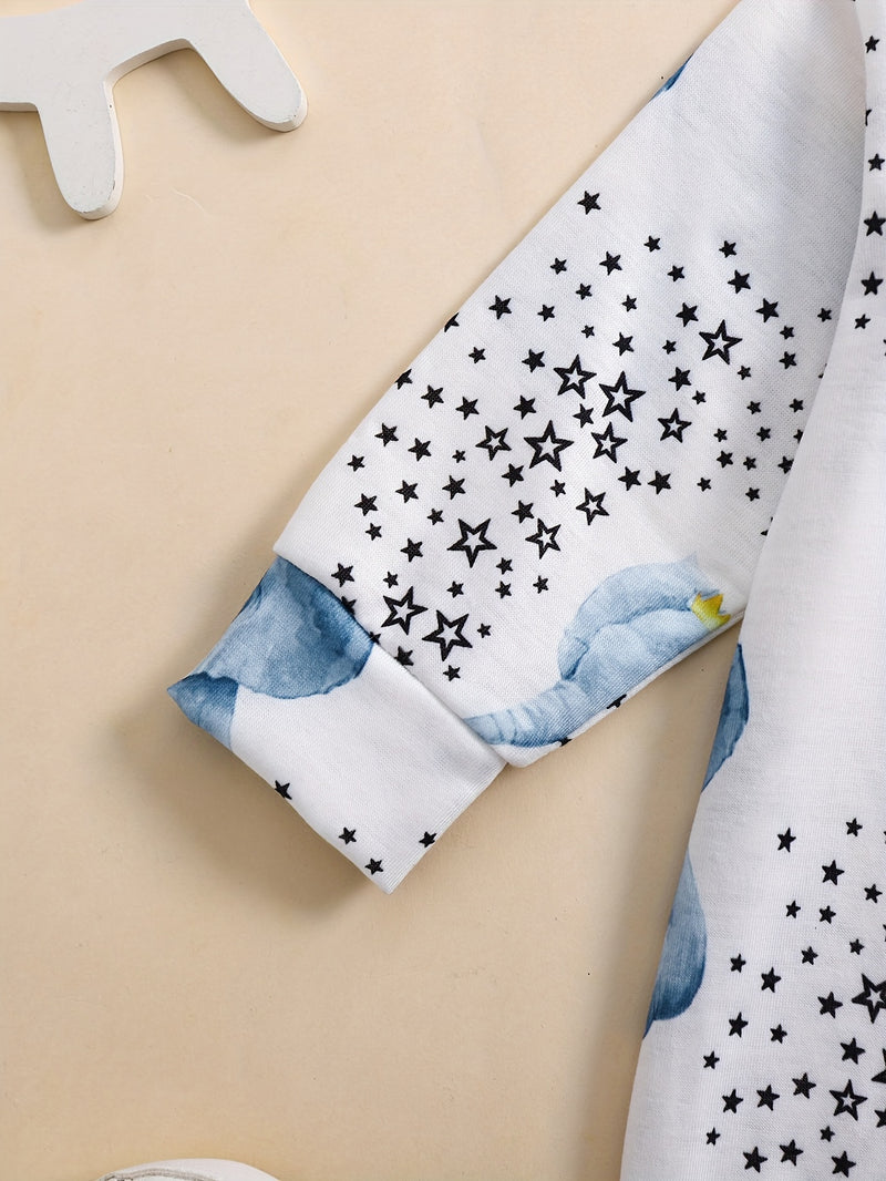 Cute Baby Elephant Water Play Pattern Long-Sleeve Romper.