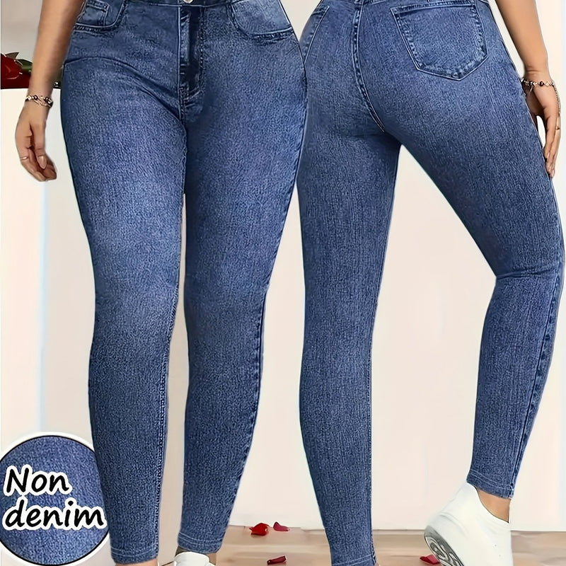 Women's Stretchy Faux Denim Printed Leggings with a Casual Matte Texture.
