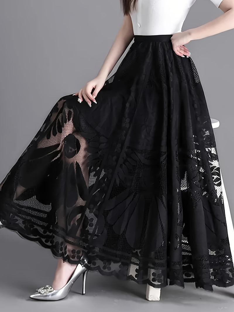 Elegant Women's A-Line Lace Skirt - Long Pleated Design.
