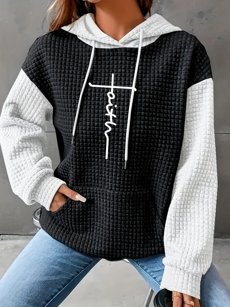 Women's Casual Oversized Hoodie with Checkered Texture & Letter Print.