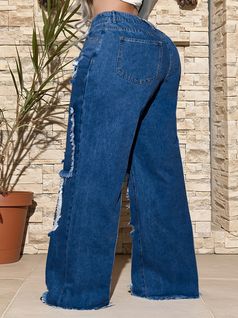 Plus-Size Women's Ripped Denim Long Pants.