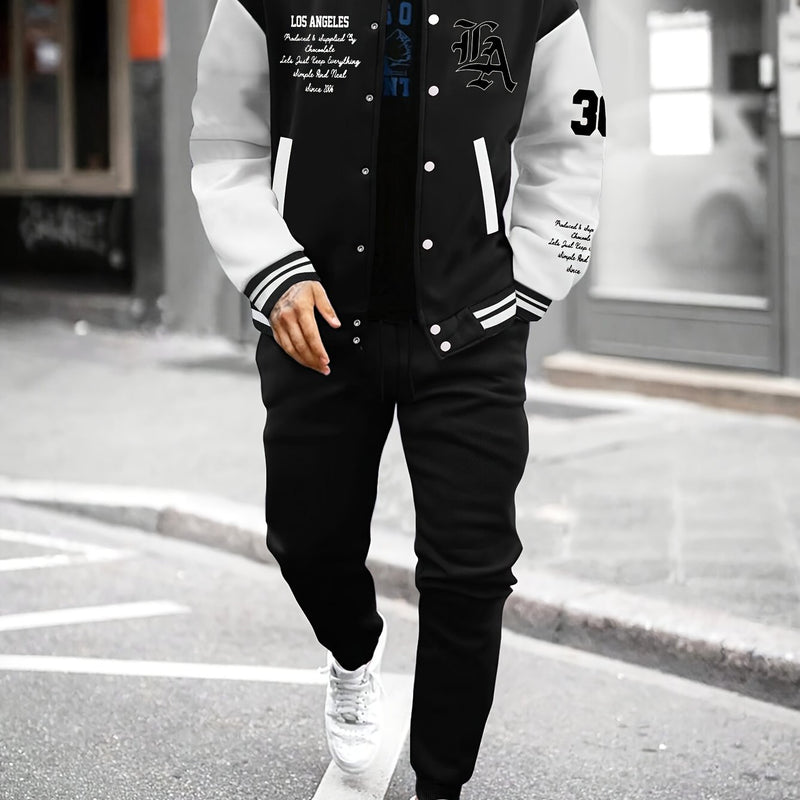 Men's 2pcs Baseball Jacket and Sweatpants Set with Overlapping.