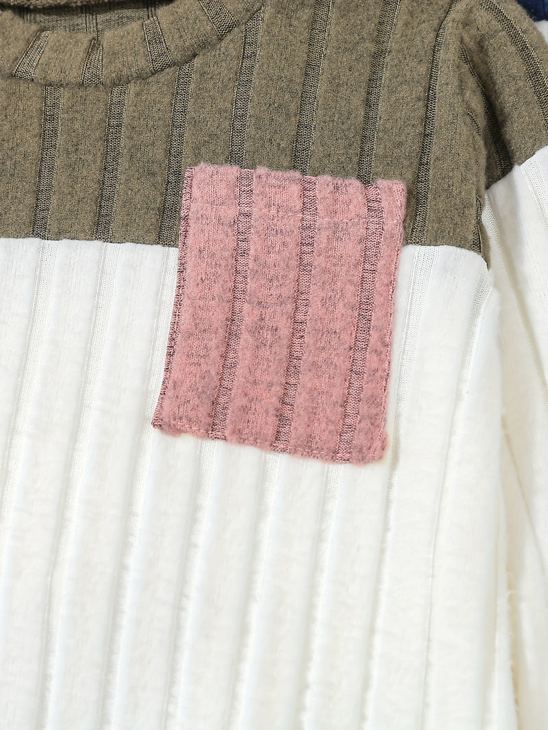 3 Sets Boys Pantsuits: Ribbed Round Neck Contrast Pullover.