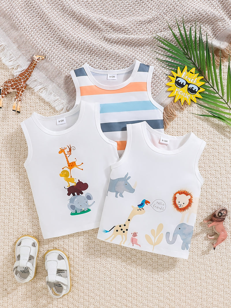 3pcs Set of Boys Spring Cute Animal Print Tank Tops.