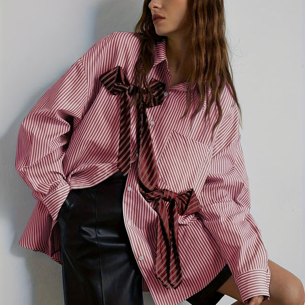 Women's Striped Button- Shirt with Collar & Bow Accent.