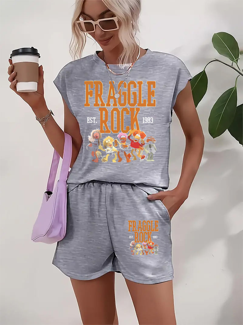 Women's Casual Summer "Fraggle Rock" Graphic Tee & Shorts Set.