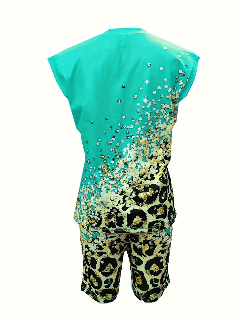 2pcs Women's Fashion Printed Round Neck Short Sleeve with Shorts.