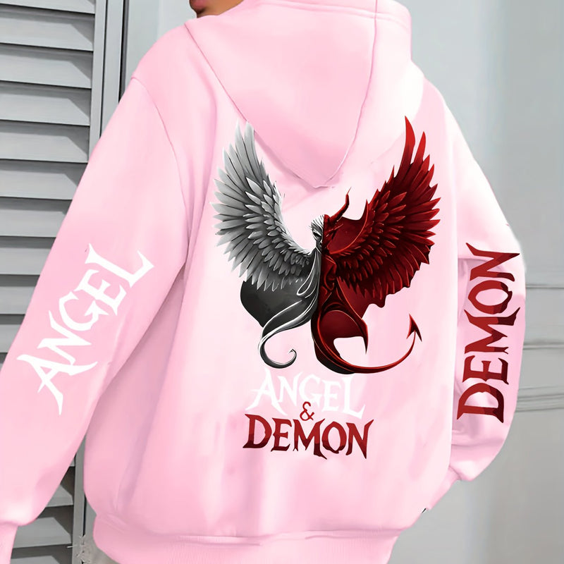 Hooded Sweatshirt with Angel and Demon Print.