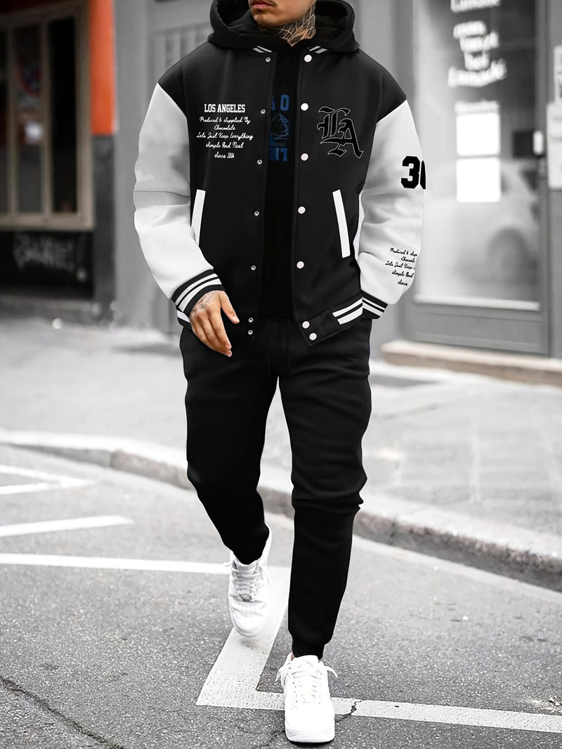 Men's 2pcs Baseball Jacket and Sweatpants Set with Overlapping.