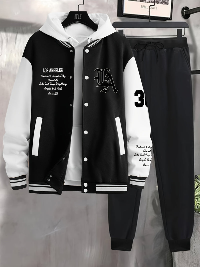 Men's 2pcs Baseball Jacket and Sweatpants Set with Overlapping.