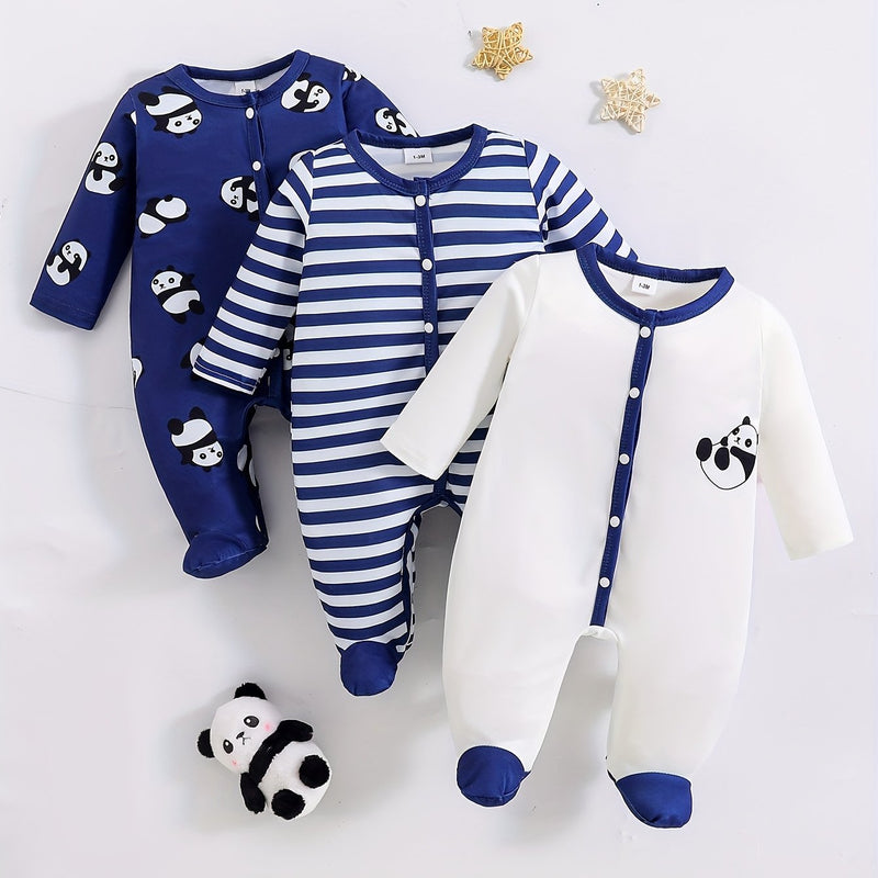 4-Season Cute Panda Striped Solid Color Newborn Baby Crawling Romper.