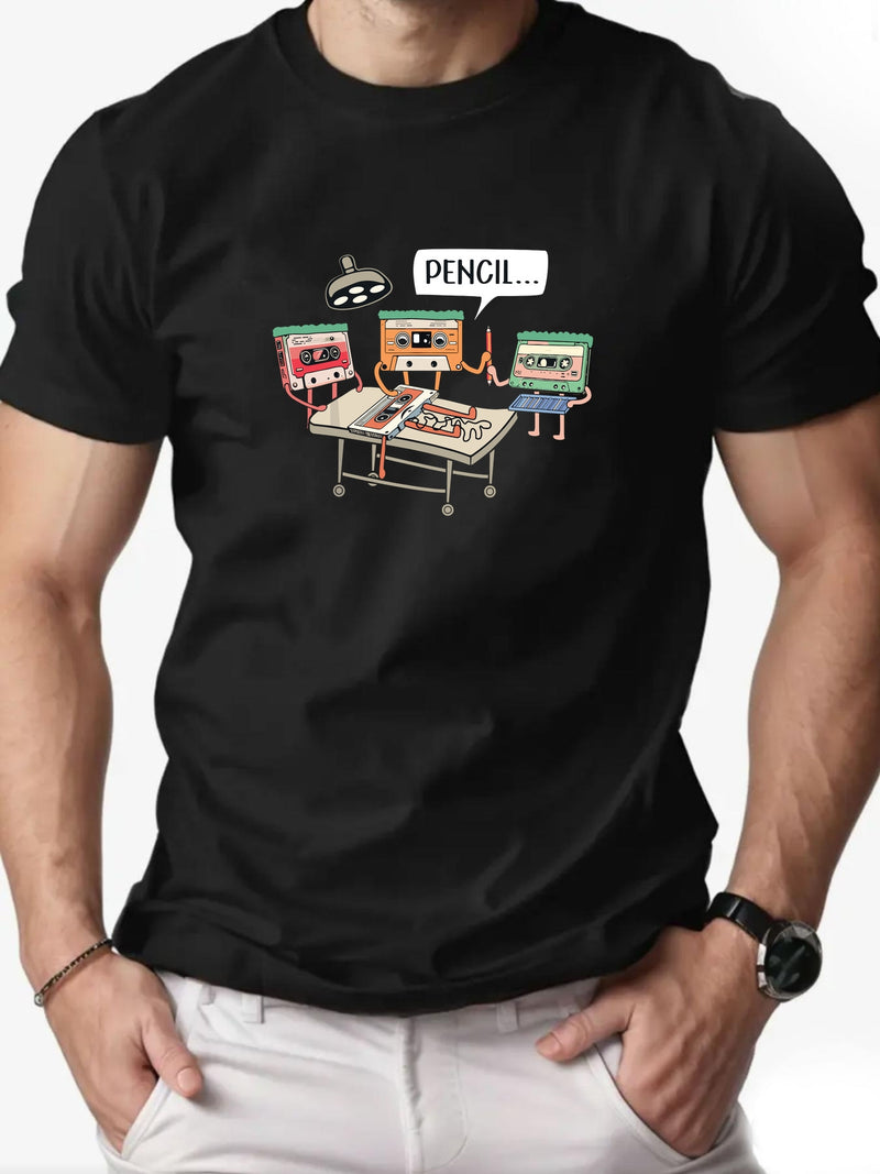 Men's Summer Casual Crew Neck Short Sleeve T-Shirt with Tape Pattern.