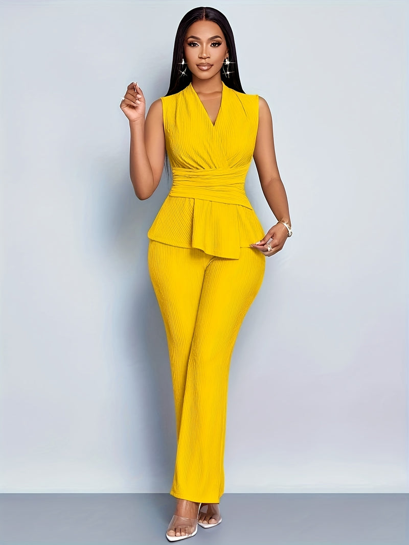 Women's Elegant V-Neck Sleeveless T-Shirt and Wide-Leg Pants 2pcs Set.