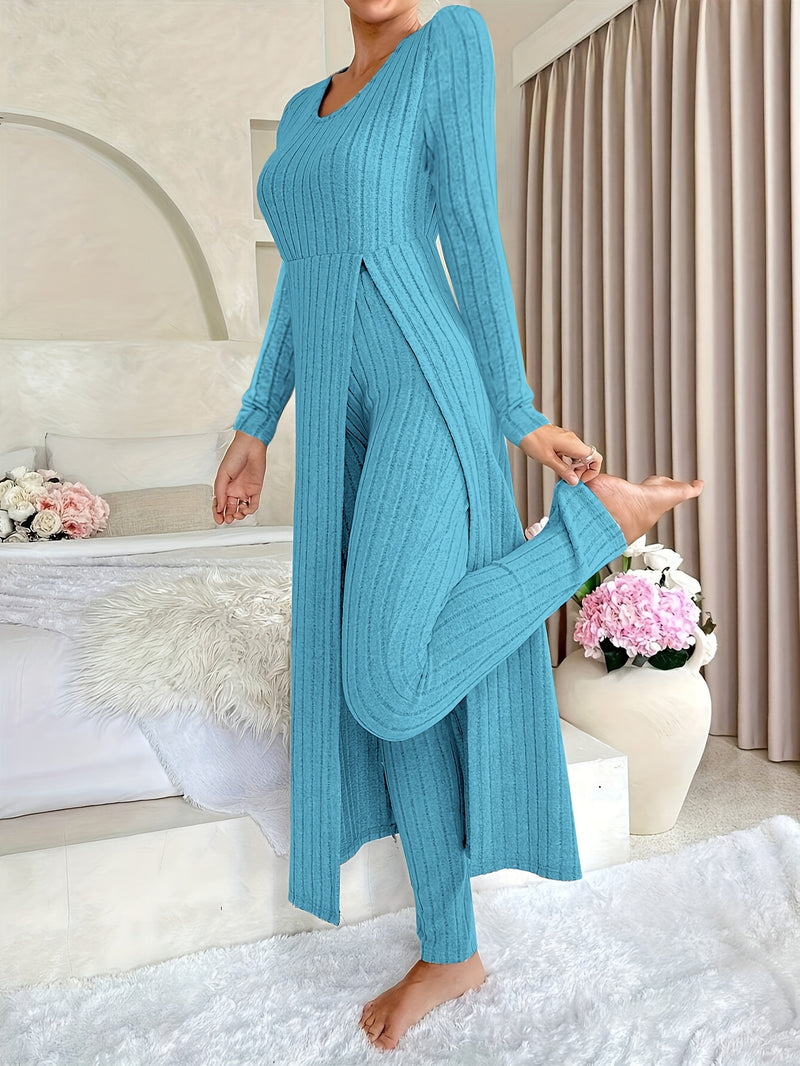 2pcs Women's Designer Round Neck Split Long Sleeve Top and Pants.