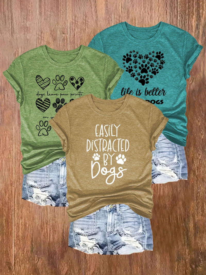 3pcs Women's Casual Dog Lover Graphic T-Shirts.