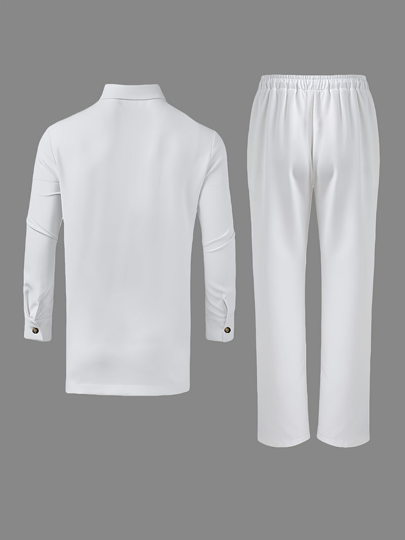 Men's Business Suit Set: Button-Up Cardigan + Drawstring Pants.