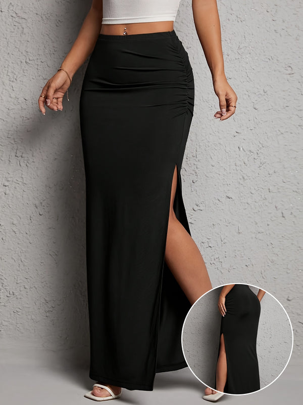 Elegant Ruched Split Thigh Maxi Skirt For Spring & Summer.