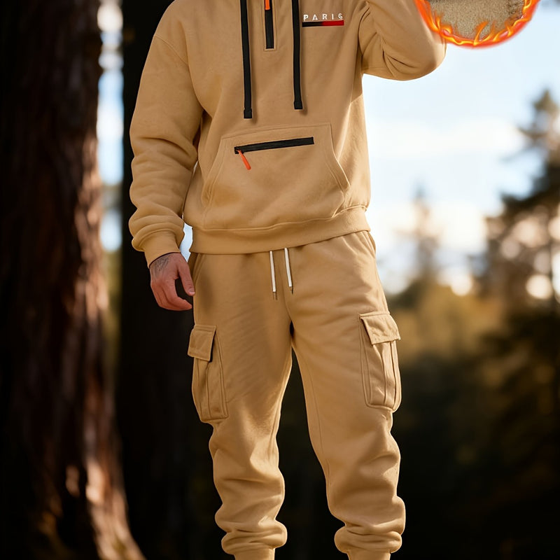 Men's Halloween Paris Letter Print Hoodie & Drawstring Cargo Jogger.