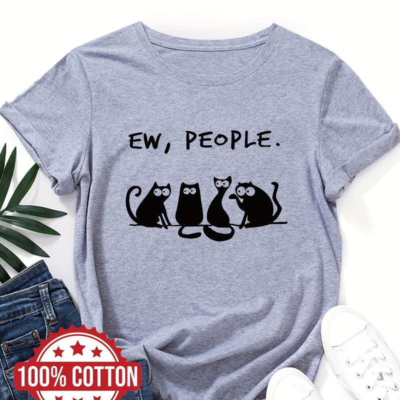 Women’s cat Print Ladies' T-shirt Casual Top for Summer & Spring.