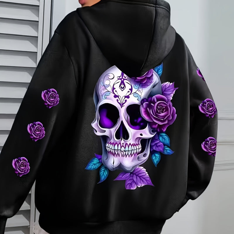 Women's Casual Zip-Up Hoodie with Flower Cartoon Skull Print.