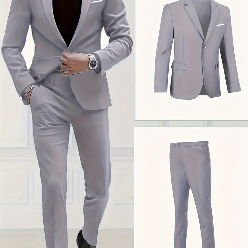 Men's 2pcs Suit Set: Jacket and Trousers, Single-Breasted with Two Buttons.