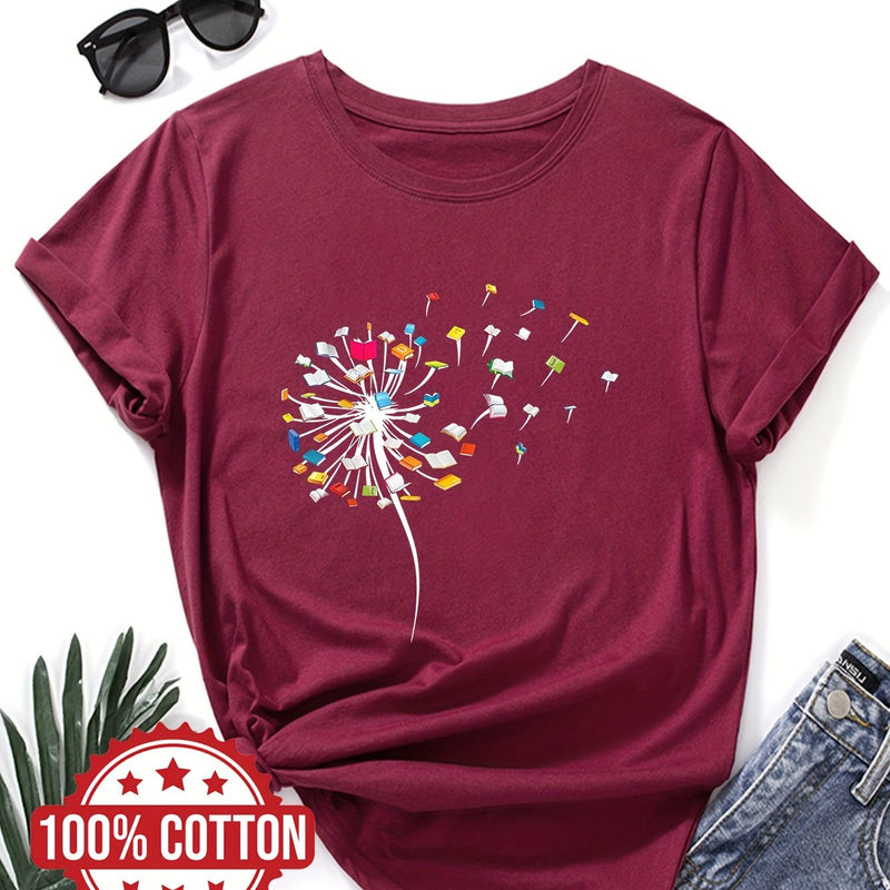 Women's "Dandelions and Books" Graphic T-Shirt.