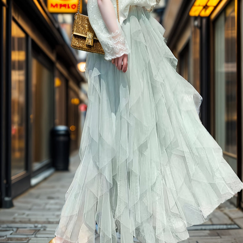 Women’s Irregular High-Waisted A-Line Tulle Skirt, Layered Tulle Skirt.