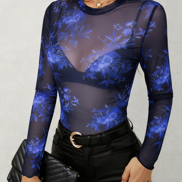 New Stylish Elegant Minimalist See-Through Mesh Blue Floral Crew Neck.