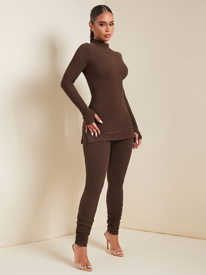 Women’s Fashion Casual Solid Color Stand Collar Long Sleeve and Pants Set.
