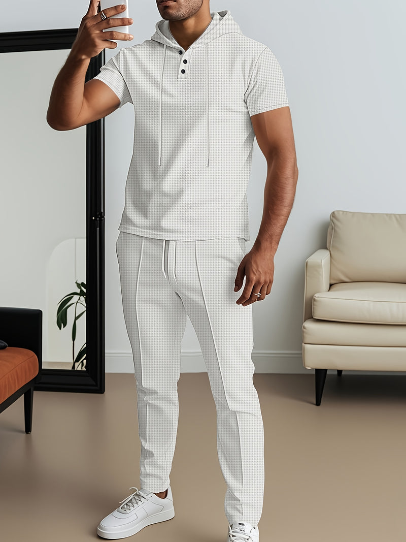 Men's set short sleeved hooded top with drawstring elastic waistband.