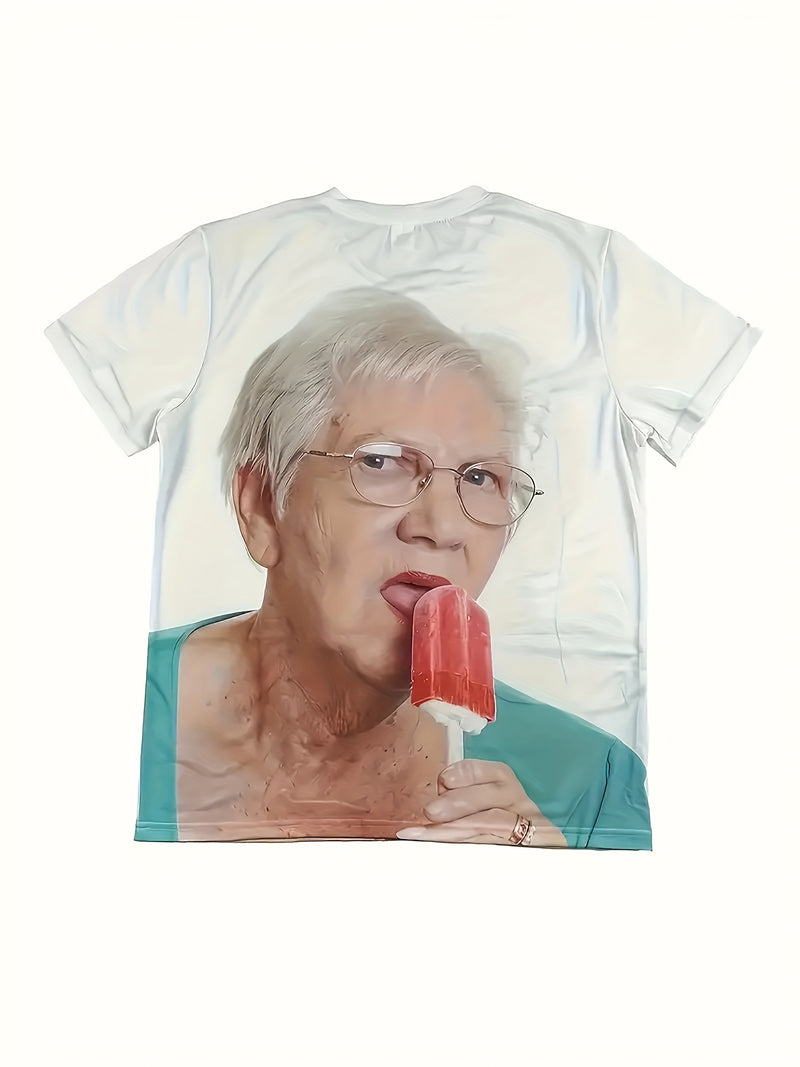 Men's Novelty T-Shirt - Elderly Woman with Ice Cream Print.