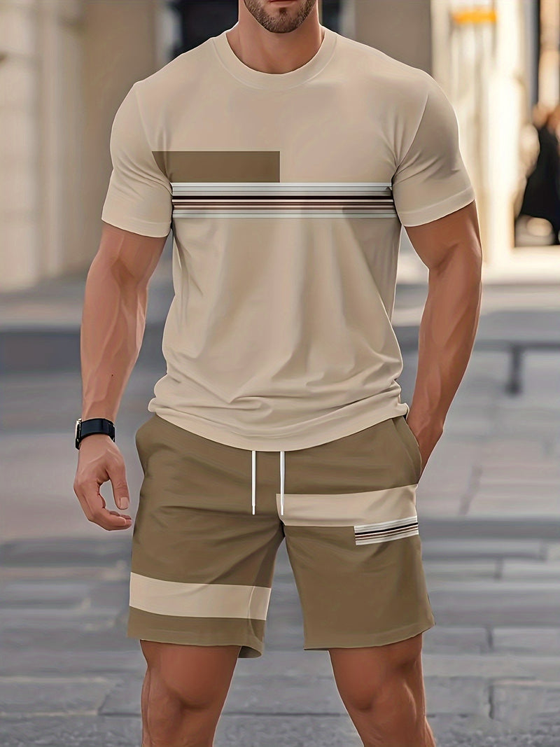 1 Set of 2pcs Men's Casual Outfit, Round-neck T-shirt + Shorts Set.