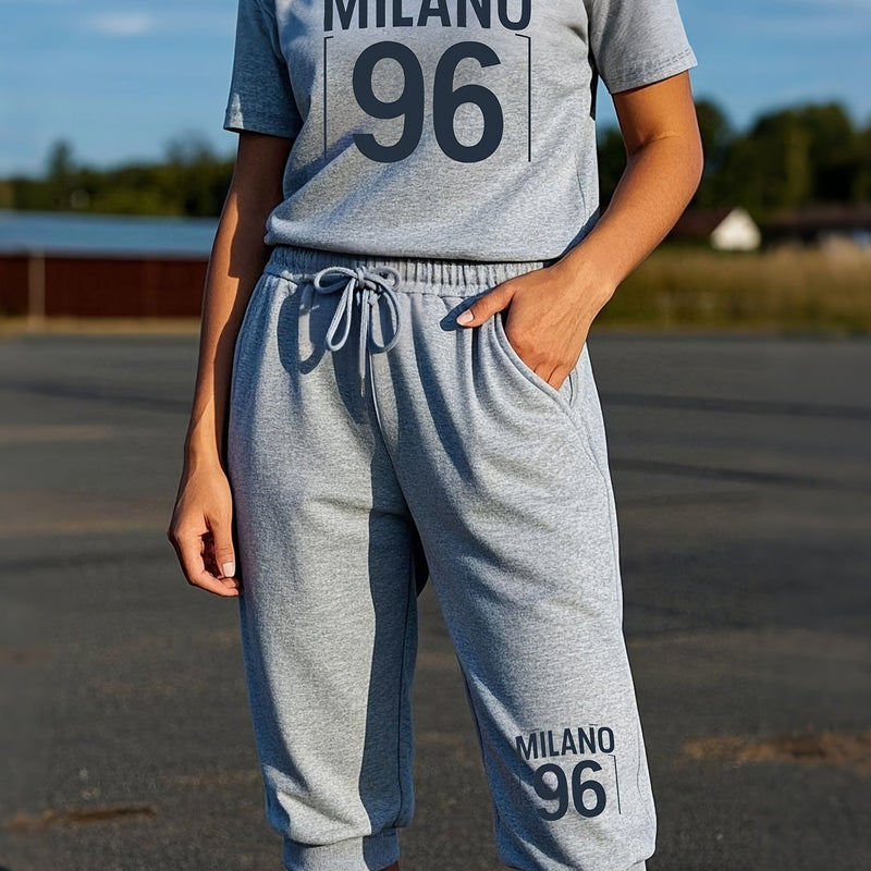 Women's Activewear Set - Retro Style, Short Sleeve T-Shirt & Drawstring Shorts.