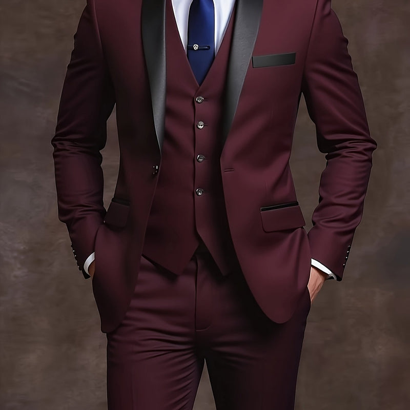 Men's 3pcs Suit with Notch Lapel, Business Formal Set, Includes Jacket.