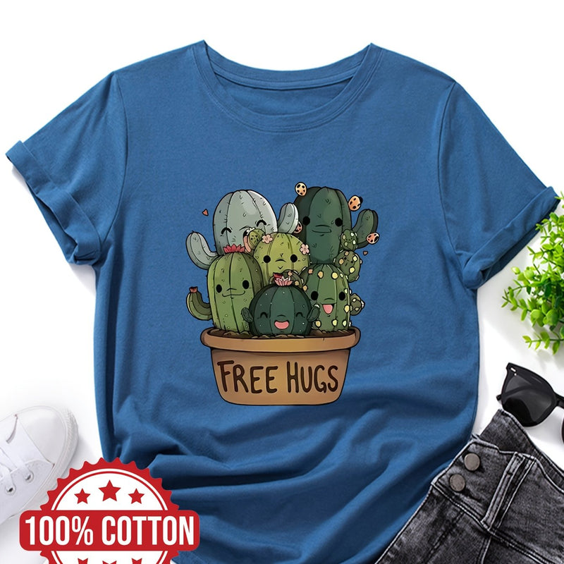 Women's "Free Hugs" Slogan T-Shirt.