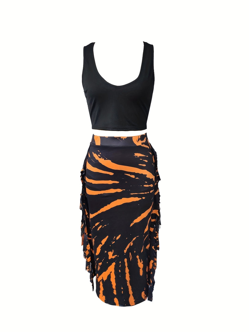 Women’s Stylish Vest and Fringe Skirt Print Set.