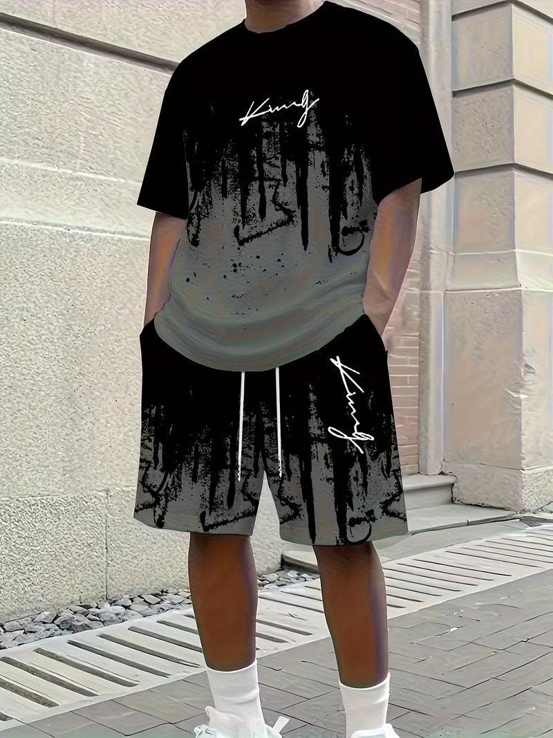 Men's New Round Neck Casual T-Shirt and Shorts Set.