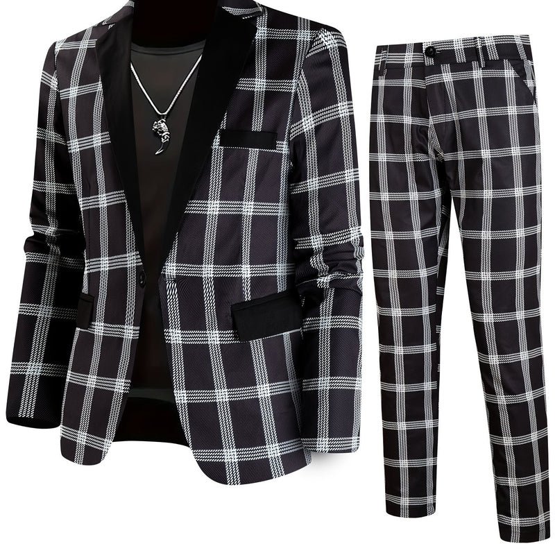 2pcs Men'S Casual Fashion Patchwork Plaid Suit | Non-Stretch Fabric.