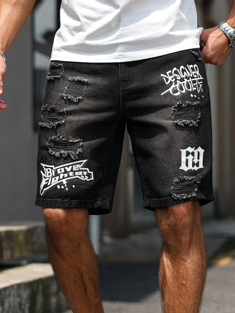 Men'S Casual Distressed Denim Shorts with "DESIGNER COOL" Print - Black & Gray.