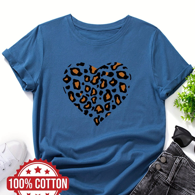 Women's "Leopard-print Heart" Graphic Print T-Shirt.