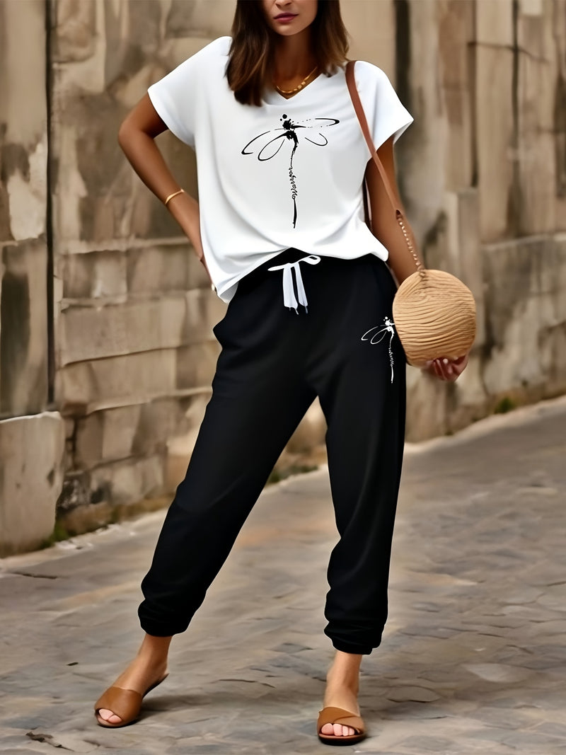 Women's 2pcs Outfit - Batwing V-Neck Top with Dragonfly & Letter Print.