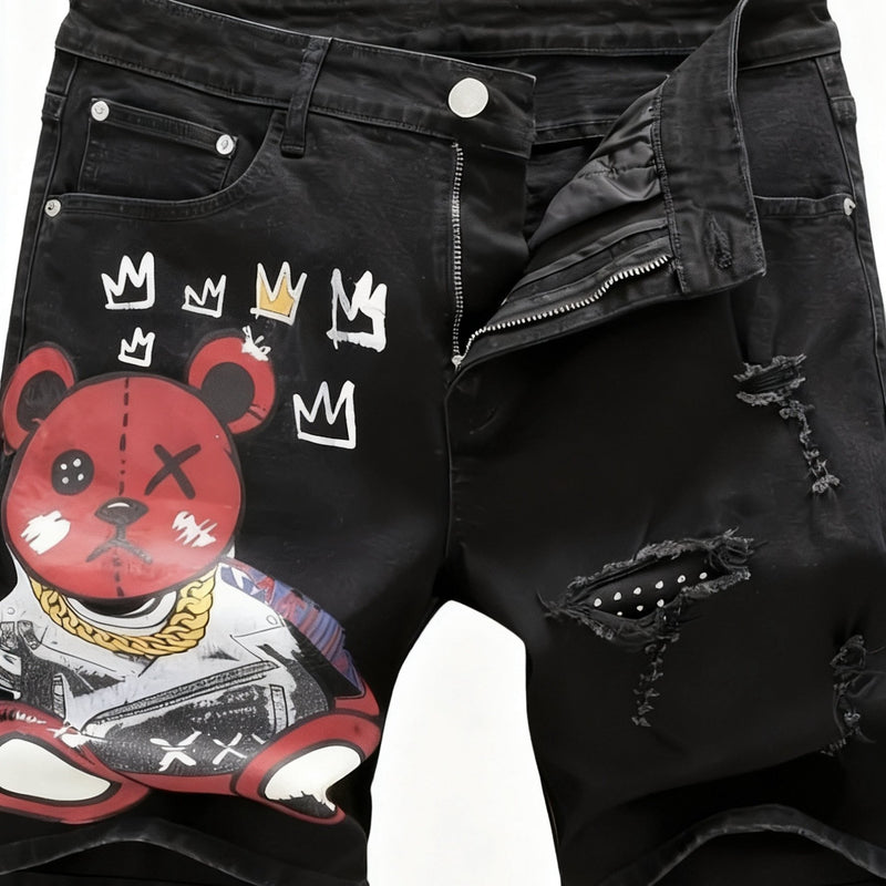 New Retro European and American Style Red Bear Print Ripped Jeans.