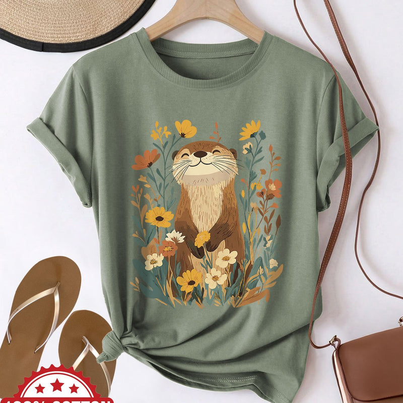 Women's Cute Otter & Floral Print T-Shirt.