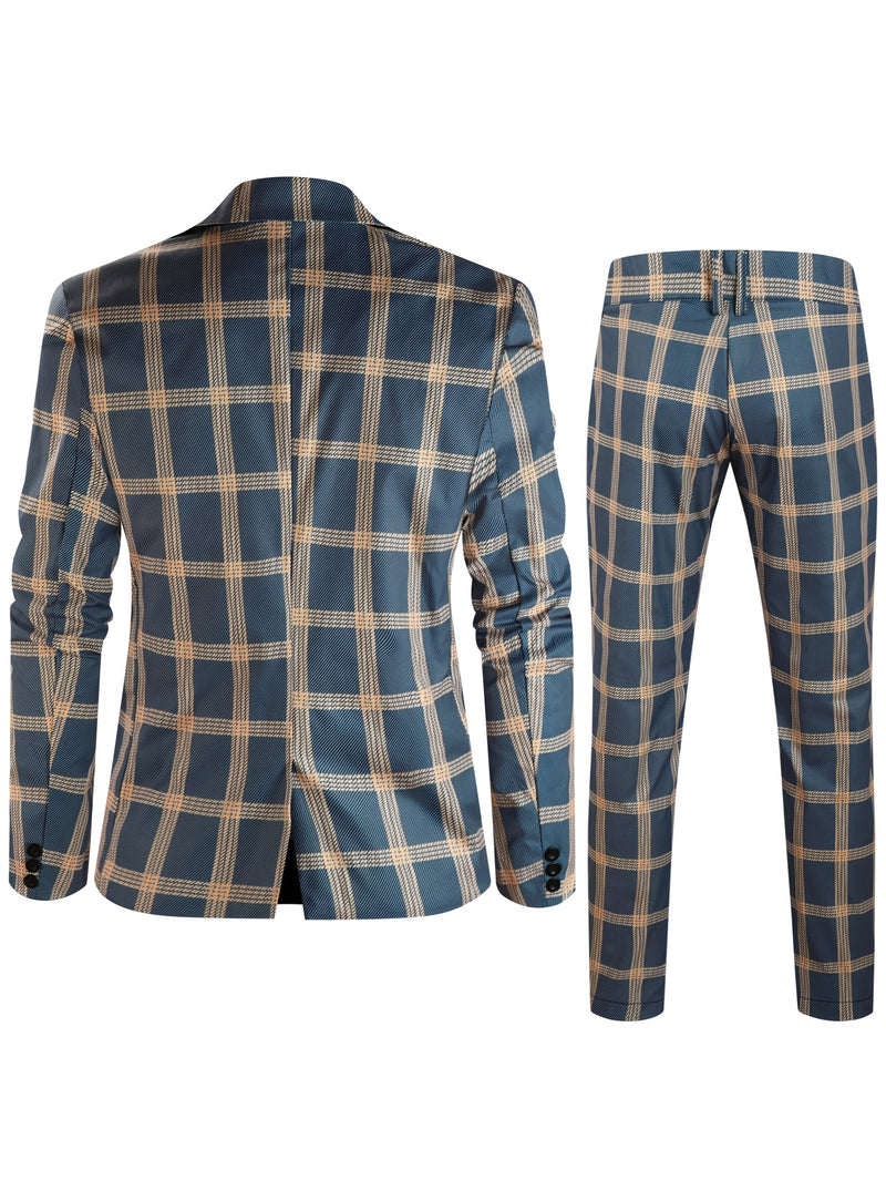 2pcs Men'S Casual Fashion Patchwork Plaid Suit | Non-Stretch Fabric.
