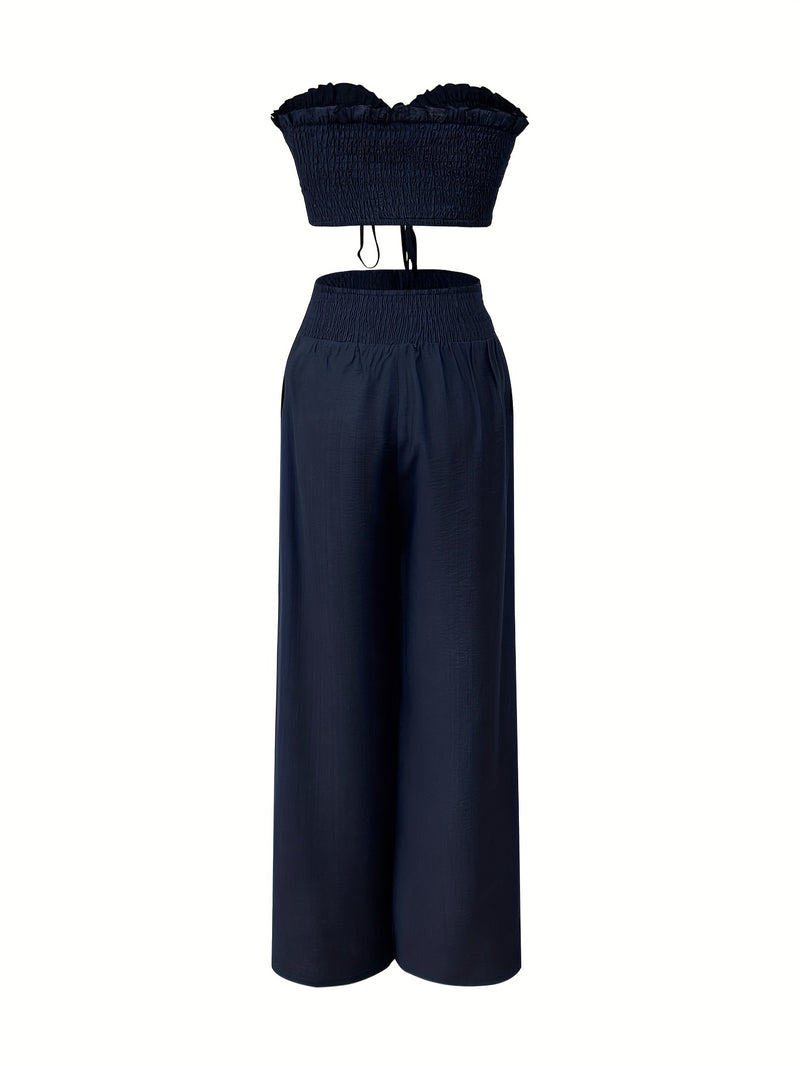 Women’s Two-Piece Set Featuring a Sleeveless Drawstring Crop Top Paired with Long Pants.