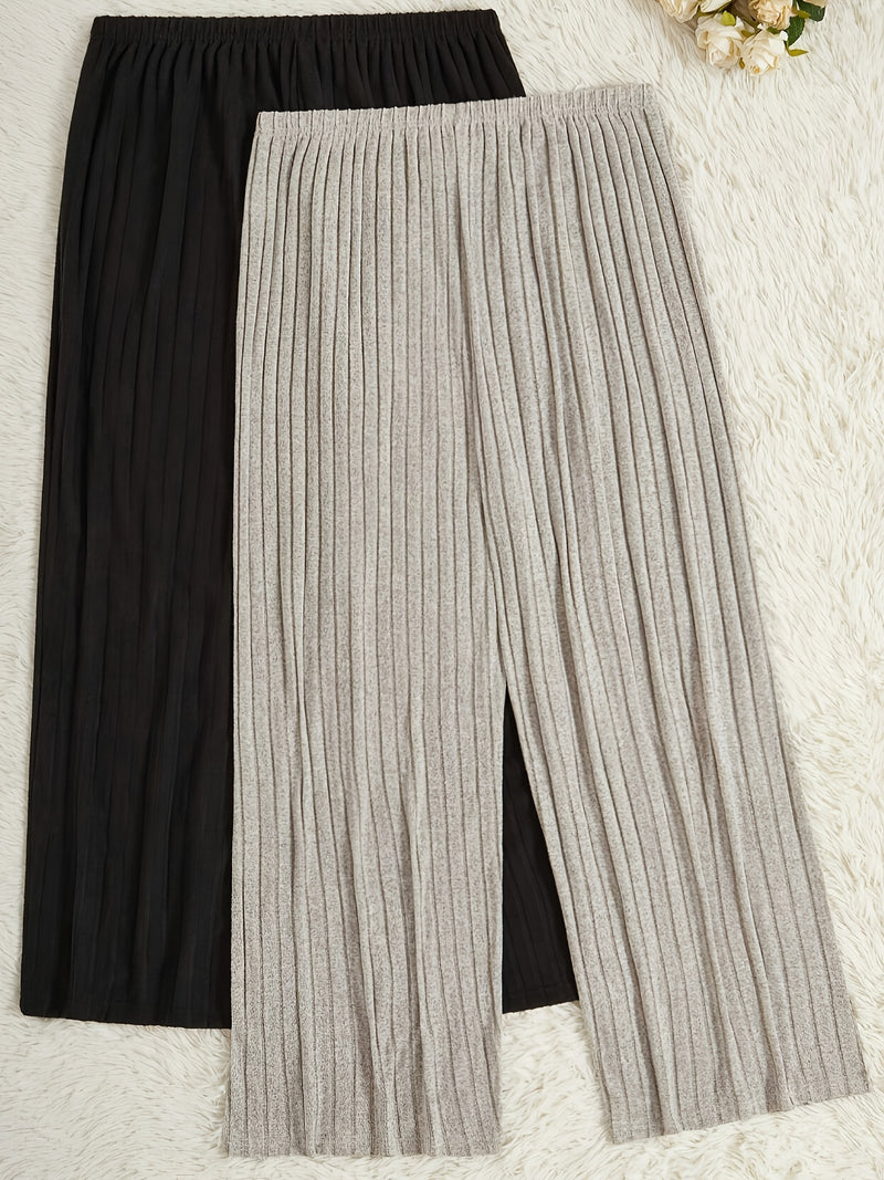 2-Pack Solid Color Fashion Ribbed Casual Wide Leg Women's Pants.